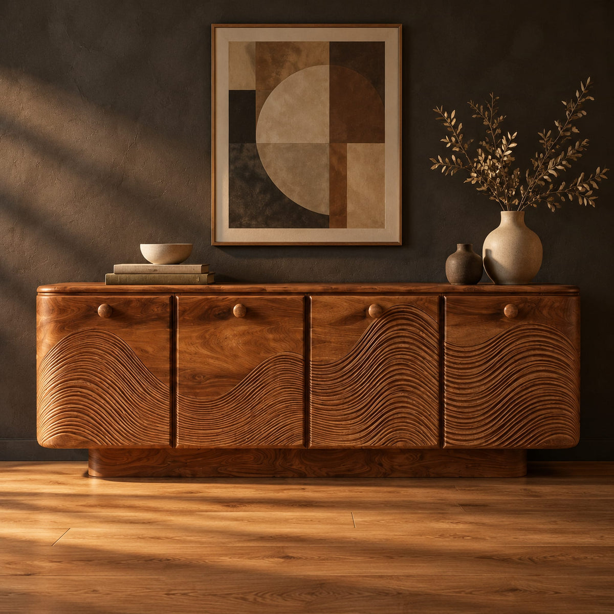 Wooden sideboard with four wave carved doors and a plinth base in a dark studio against a charcoal plaster wall