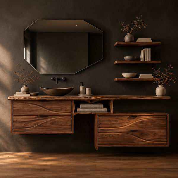 Wave Carved Offset Bathroom Vanity With Natural Edge Top