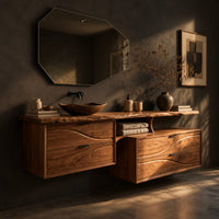Floating bathroom vanity with offset wave carved fronts and a slab top, three-quarter view showing the grain