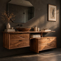 Corner detail of floating bathroom vanity with offset wave carved fronts and a slab top beside wood, brass and linen samples