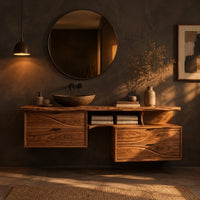 Floating bathroom vanity with offset wave carved fronts and a slab top in a dark bathroom at golden hour