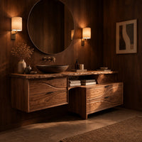 Floating bathroom vanity with offset wave carved fronts and a slab top in an evening bathroom with walnut wall paneling