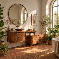 Floating bathroom vanity with offset wave carved fronts and a slab top in a bright bathroom with arched windows and plants