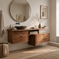 Floating bathroom vanity with offset wave carved fronts and a slab top in a Scandinavian bathroom with white walls