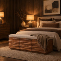 Bench with a padded seat and three wave carved front panels in an evening bedroom with walnut wall paneling
