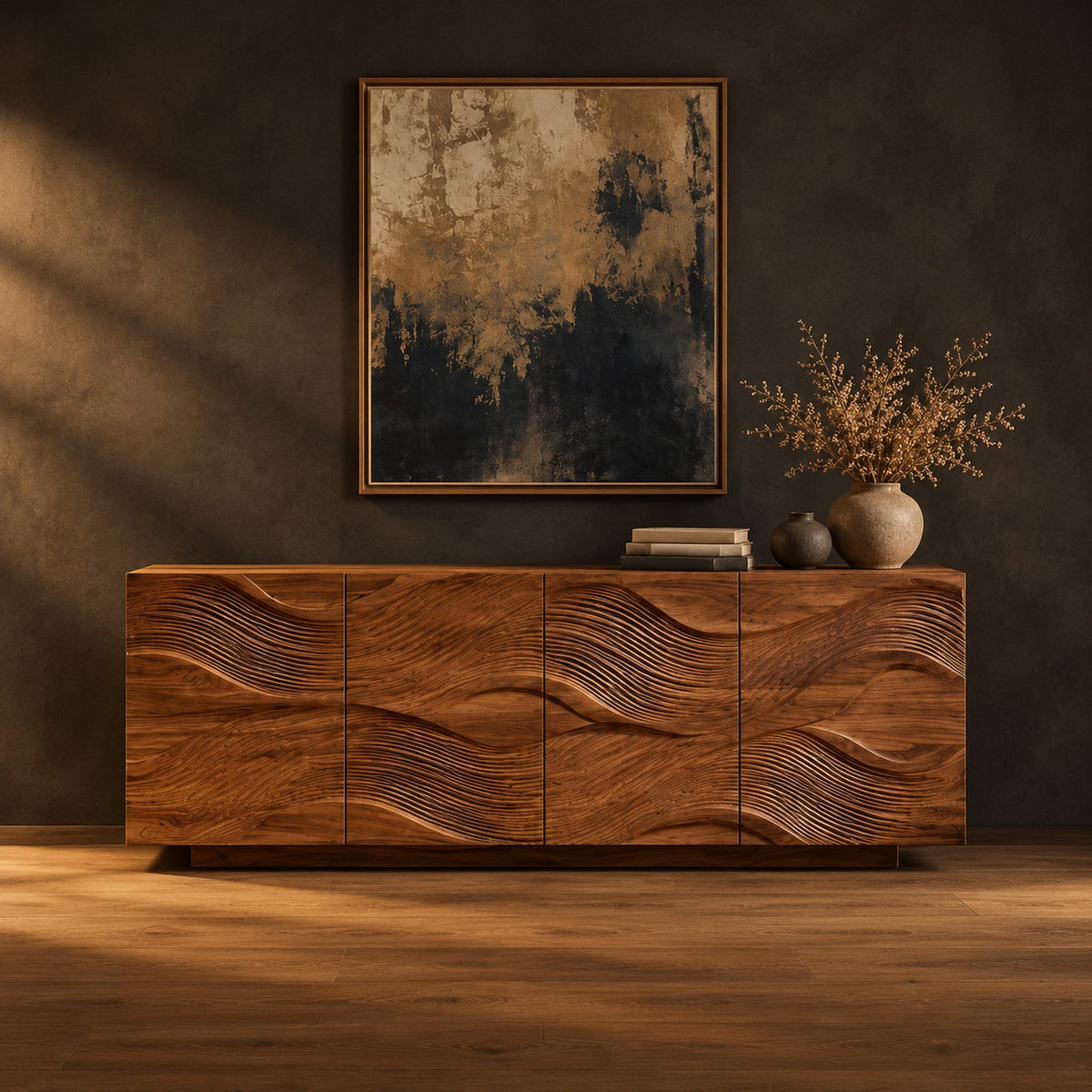 Wave carved wooden sideboard with four relief panels on a plinth base in a dark studio against a charcoal plaster wall