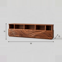 Wave Carved TV Stand Five Open Cubbies Long Low Cabinet dimension diagram with width, height and depth