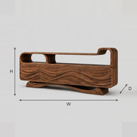Wave Carved TV Stand, Open Top Shelf, Sweeping Arched Base dimension diagram with width, height and depth