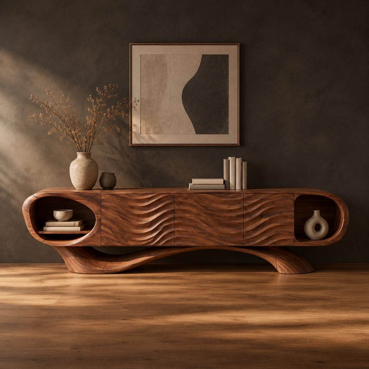 Wooden tv stand with oval end niches, wave carved panels and a swept base in a dark studio against a charcoal plaster wall