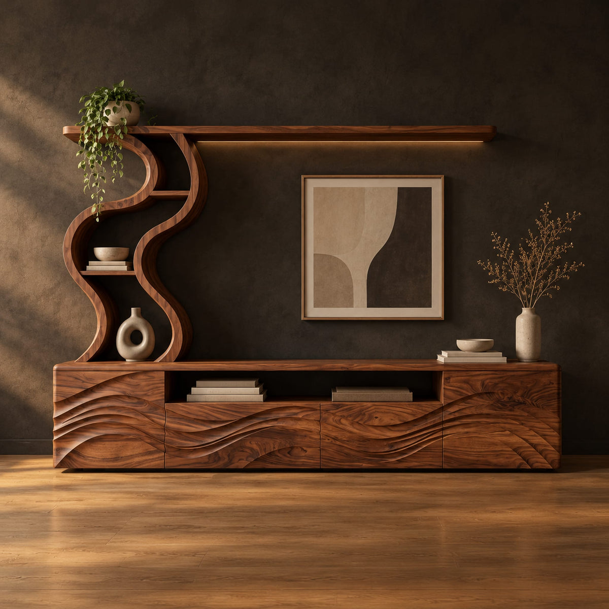 Long wood media cabinet with wave carved fronts and an s shaped shelf tower in a dark studio against a charcoal plaster wall
