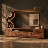 Long wood media cabinet with wave carved fronts and an s shaped shelf tower, three-quarter view showing the grain