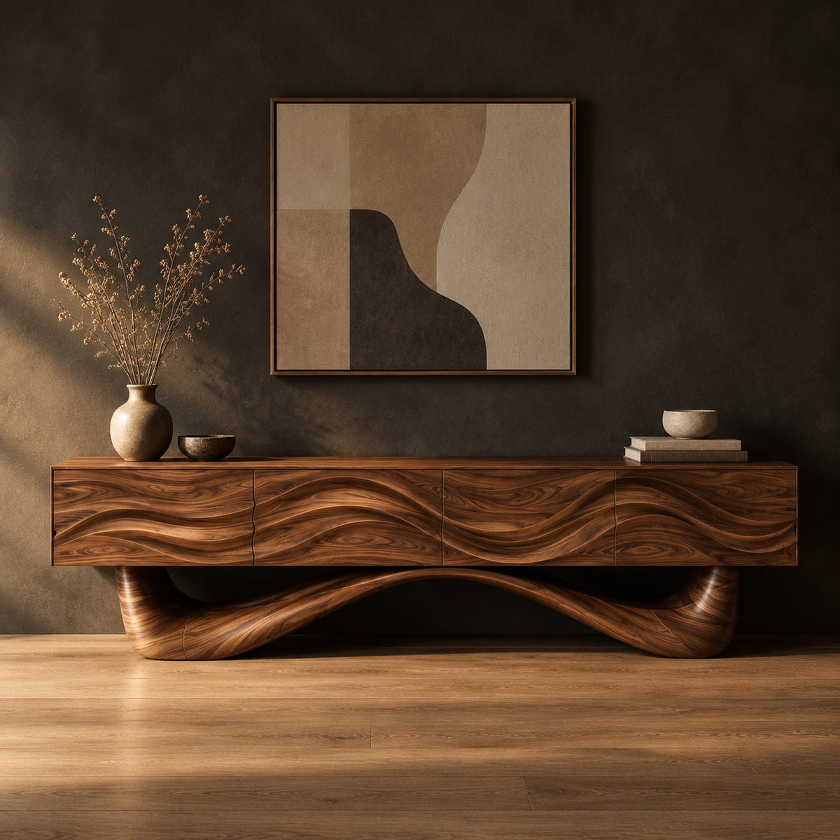 Tv stand with a wave carved cabinet on a sweeping sculpted base in a dark studio against a charcoal plaster wall