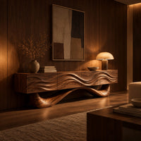 Tv stand with a wave carved cabinet on a sweeping sculpted base in an evening living room with walnut wall paneling