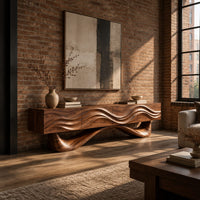 Tv stand with a wave carved cabinet on a sweeping sculpted base in an industrial loft living room with exposed brick