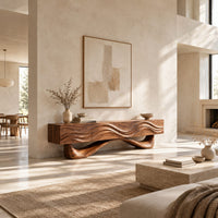 Tv stand with a wave carved cabinet on a sweeping sculpted base in a bright open plan living room