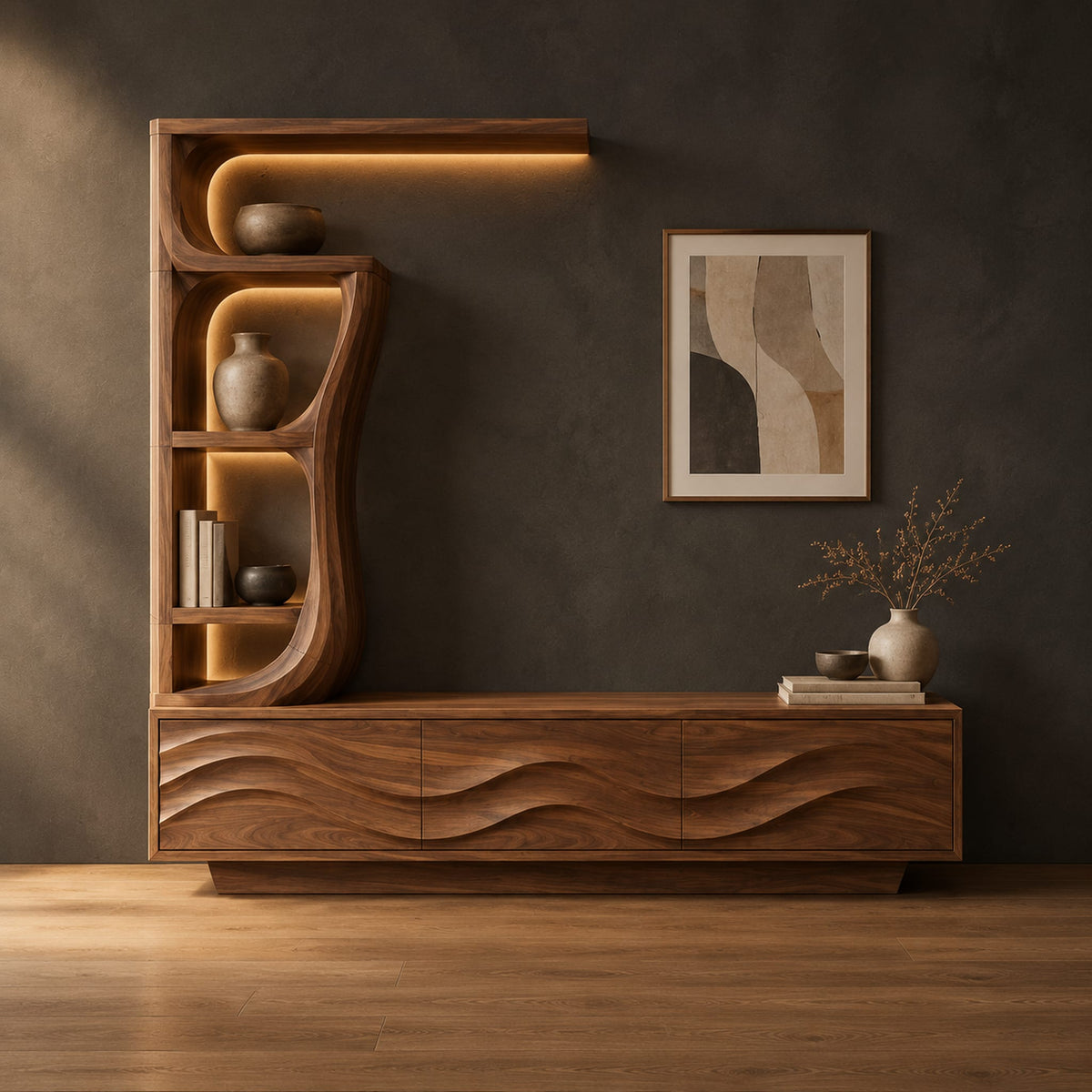 Low wave carved cabinet with a tall open shelf tower and a top shelf in a dark studio against a charcoal plaster wall