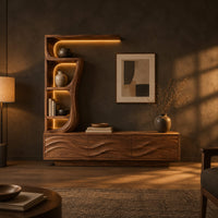 Low wave carved cabinet with a tall open shelf tower and a top shelf in a dark living room at golden hour