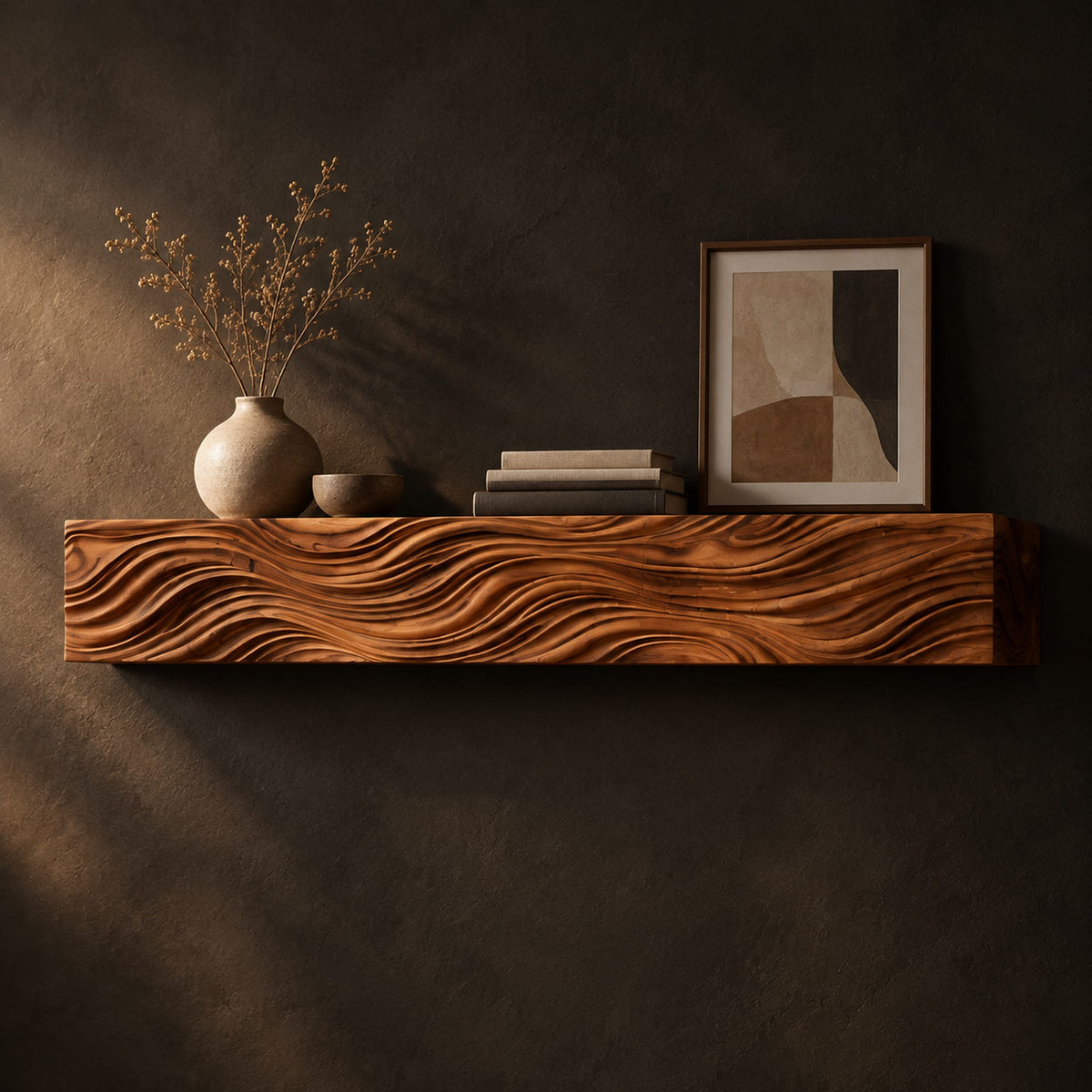 Thick wood mantel beam with deep wave carved ridges across the front in a dark studio against a charcoal plaster wall