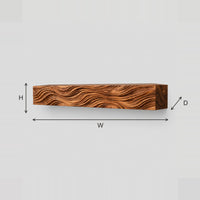 Wave Carved Wood Mantel With Deep Flowing Ridges Across The Front dimension diagram with width, height and depth