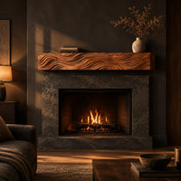 Thick wood mantel beam with deep wave carved ridges across the front in a dark living room at golden hour