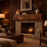 Thick wood mantel beam with deep wave carved ridges across the front in an evening living room with walnut wall paneling