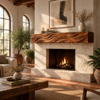 Thick wood mantel beam with deep wave carved ridges across the front in a bright living room with arched windows and plants