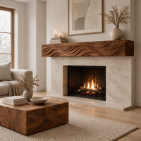 Thick wood mantel beam with deep wave carved ridges across the front in a Scandinavian living room with white walls