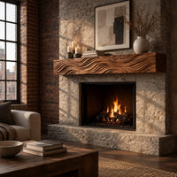 Thick wood mantel beam with deep wave carved ridges across the front in an industrial loft living room with exposed brick