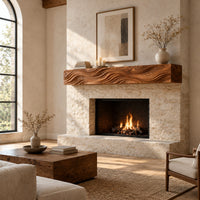 Thick wood mantel beam with deep wave carved ridges across the front in a bright open plan living room