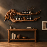 Carved wave wine rack with two long shelves ending in thin tips in a dark studio against a charcoal plaster wall