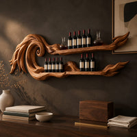 Corner detail of carved wave wine rack with two long shelves ending in thin tips beside wood, brass and linen samples