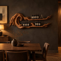 Carved wave wine rack with two long shelves ending in thin tips in a dark dining room at golden hour