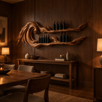 Carved wave wine rack with two long shelves ending in thin tips in an evening dining room with walnut wall paneling