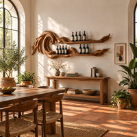Carved wave wine rack with two long shelves ending in thin tips in a bright dining room with arched windows and plants