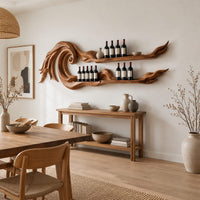 Carved wave wine rack with two long shelves ending in thin tips in a Scandinavian dining room with white walls