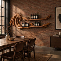 Carved wave wine rack with two long shelves ending in thin tips in an industrial loft dining room with exposed brick
