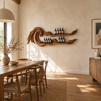 Carved wave wine rack with two long shelves ending in thin tips in a bright open plan dining room