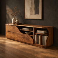 Low wooden tv stand with a wave cut front and upright slots, three-quarter view showing the grain