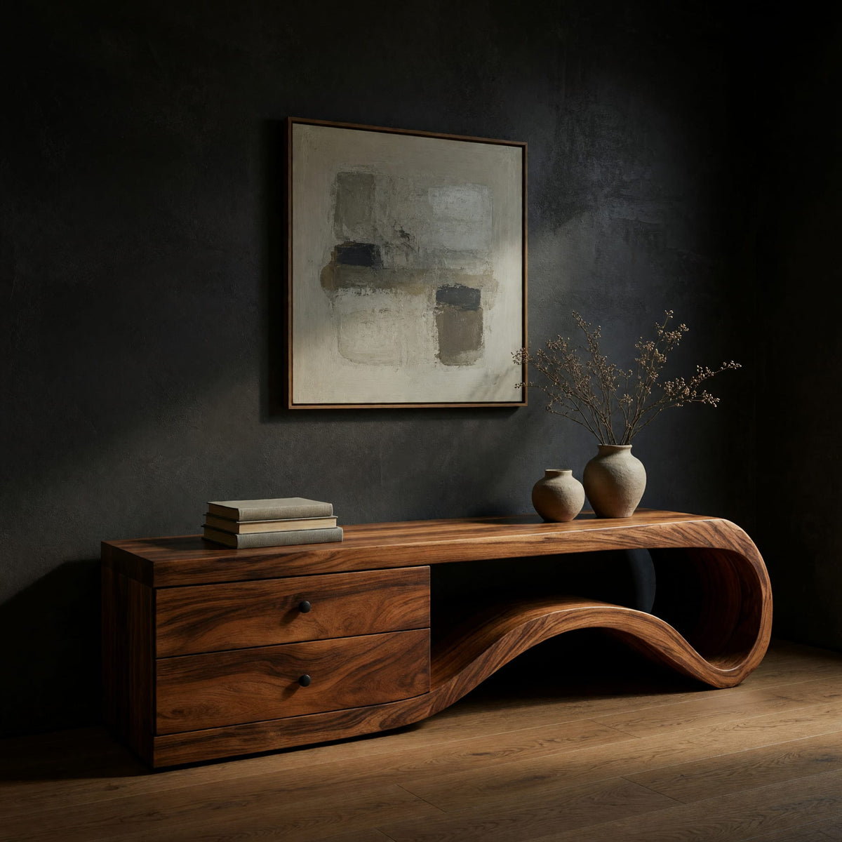 Wave end TV stand with a two drawer block in a dark studio against a charcoal wall
