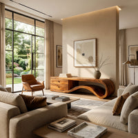 Wave end TV stand with a two drawer block in an open plan space in daylight