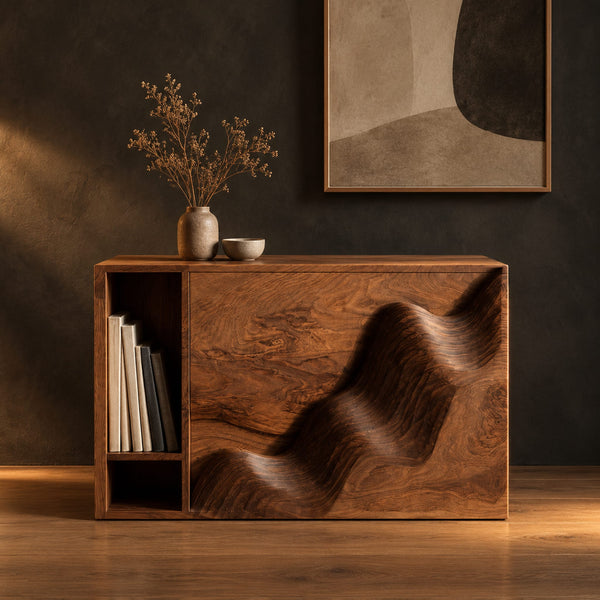 Wave Front Side Table With Open Book Slot And Low Cubby