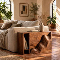 Boxy side table with a carved wave front and an open book slot in a bright living room with arched windows and plants