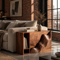 Boxy side table with a carved wave front and an open book slot in an industrial loft living room with exposed brick