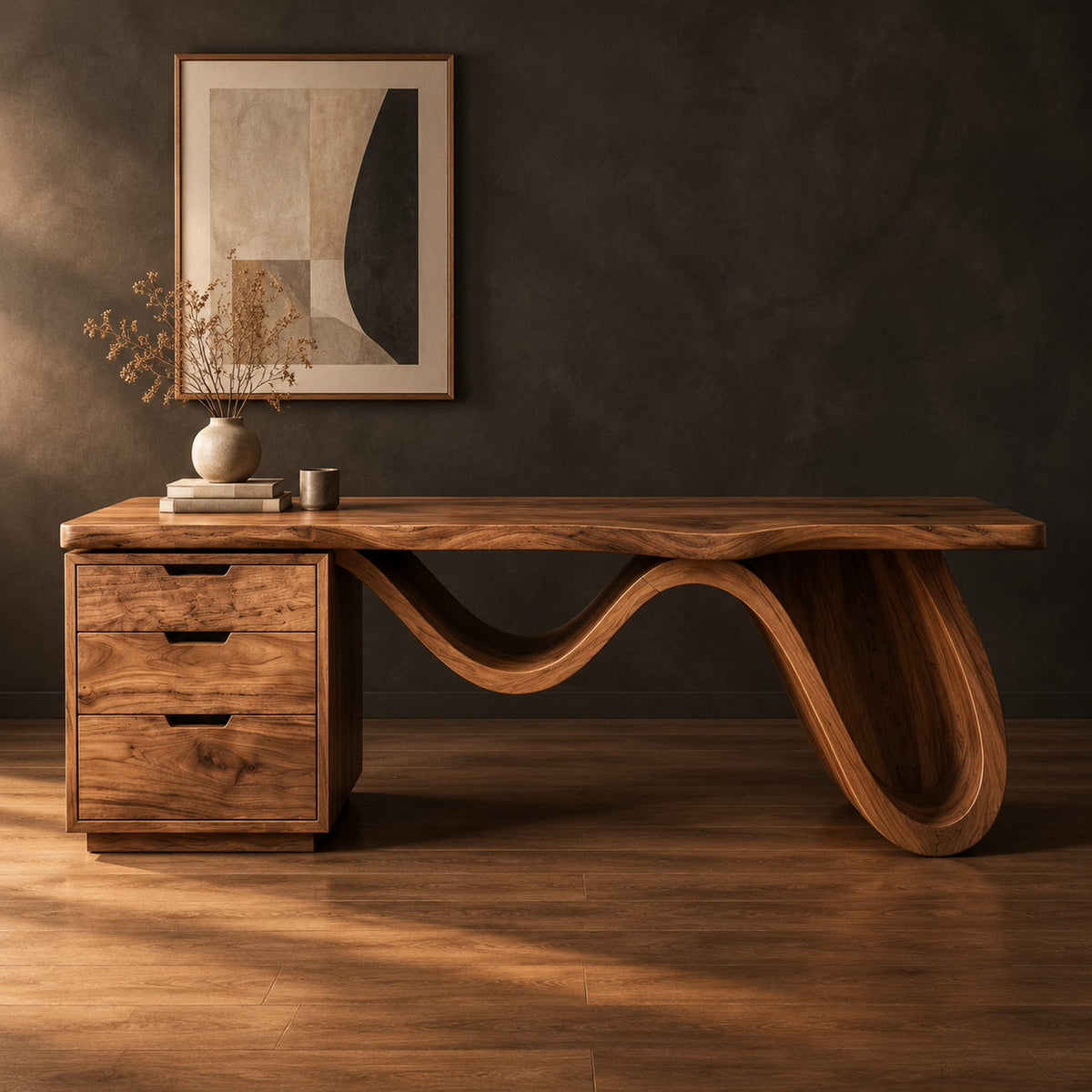 Desk with a thick slab top, three drawer pedestal and a wave shaped leg in a dark studio against a charcoal plaster wall