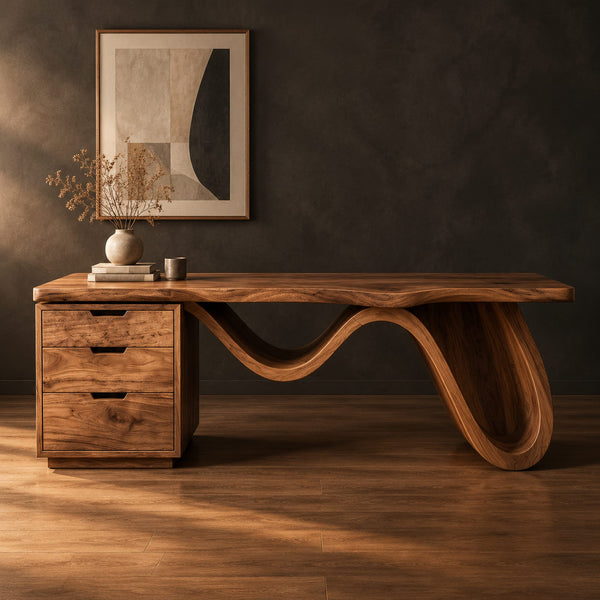 Wave Leg Desk With Three Drawers And A Thick Slab Top