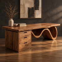 Desk with a thick slab top, three drawer pedestal and a wave shaped leg, three-quarter view showing the grain
