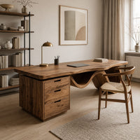 Desk with a thick slab top, three drawer pedestal and a wave shaped leg in a Scandinavian home office with white walls