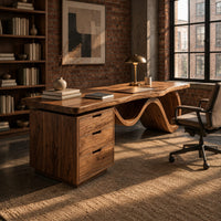 Desk with a thick slab top, three drawer pedestal and a wave shaped leg in an industrial loft home office with exposed brick