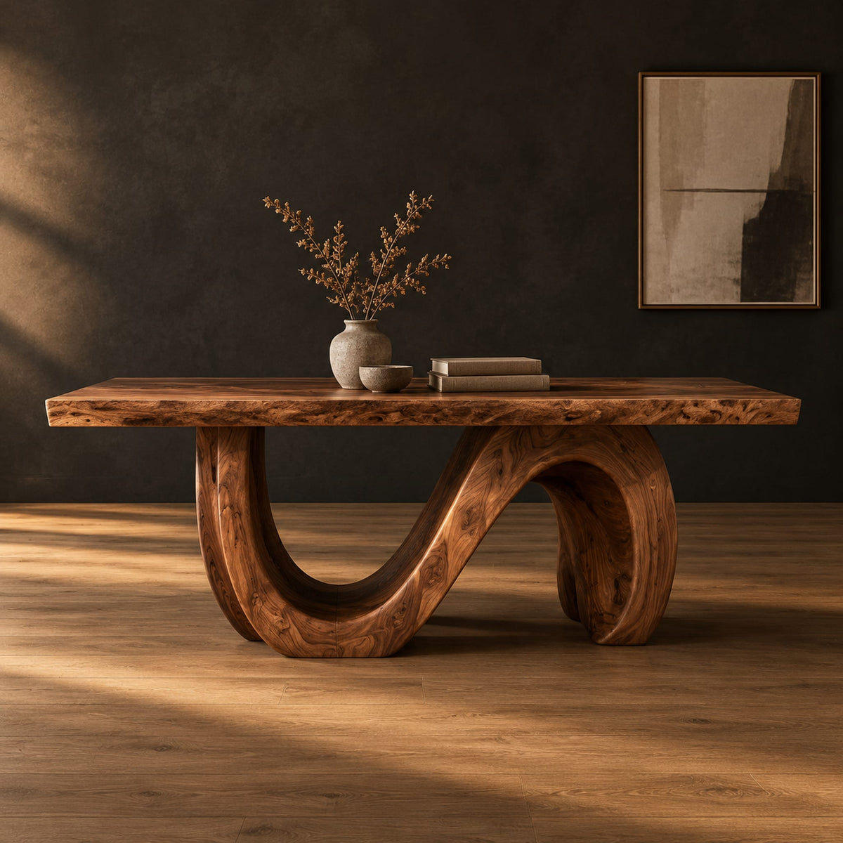 Dining table with a live edge top and a looping wave base in a dark studio against a charcoal plaster wall