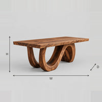 Wave Loop Base Dining Table With Live Edge Top dimension diagram with width, height and depth